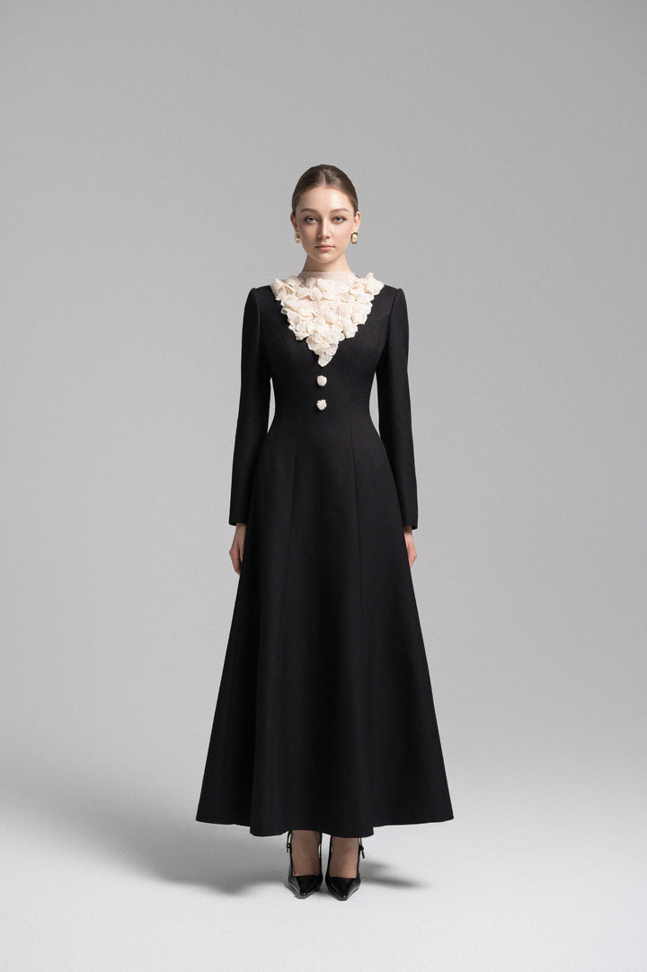 Long-sleeve A-line dress with ruffled lace neckline – VIVIENNE