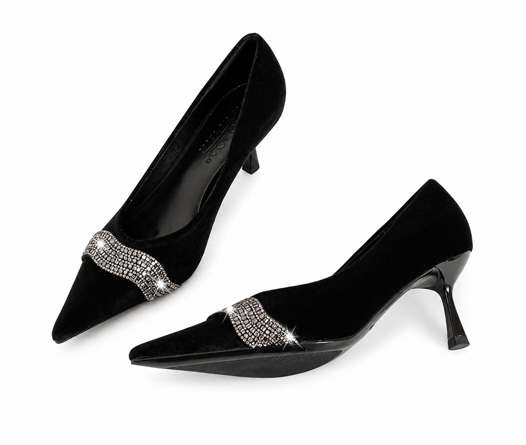 Velvet Rhinestone Pointed Pumps - Blush