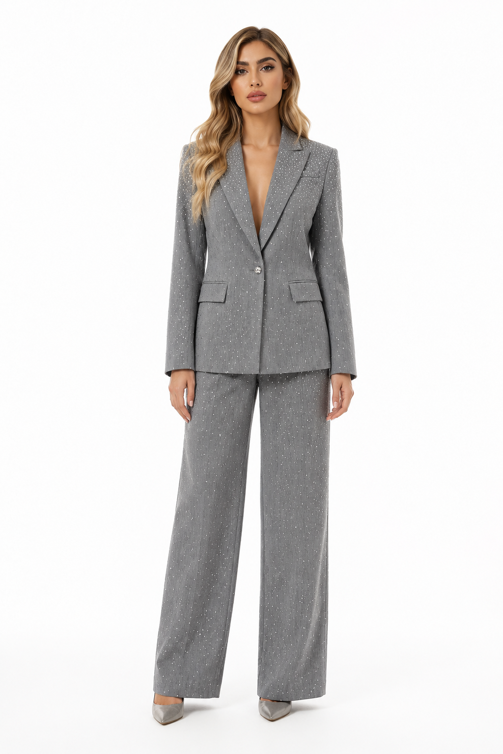 Rhinestone Tailored Blazer & Wide-Leg Pants Set - Silver