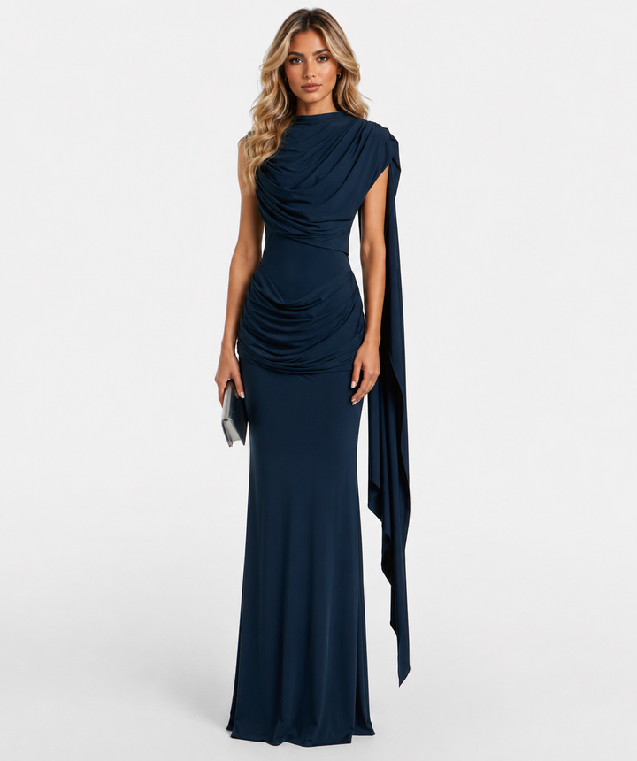 Midnight Blue Draped Cape Evening Gown - Valentina
