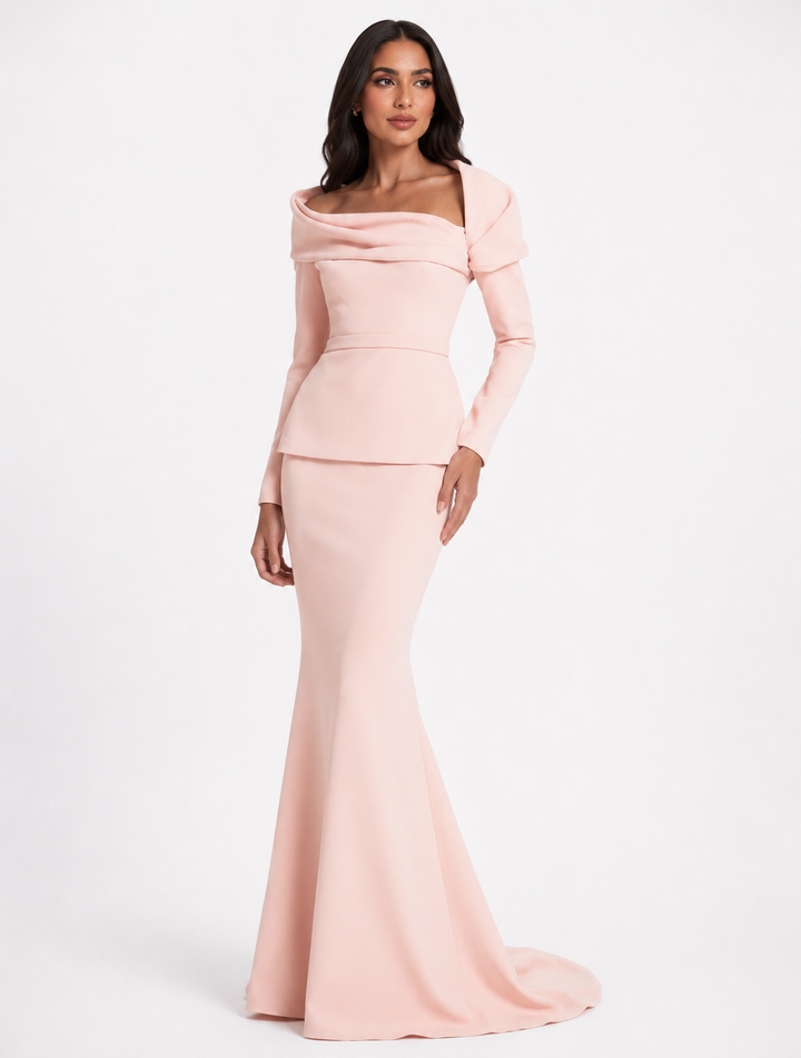 Blush Folded Off-Shoulder Mermaid Evening Gown - Elegance