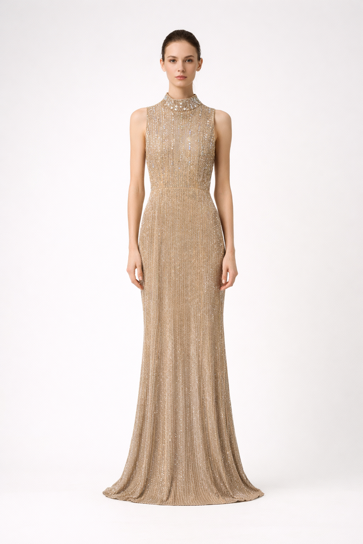 sleeveless high neck sequin maxi dress with draped hem – AURELIA