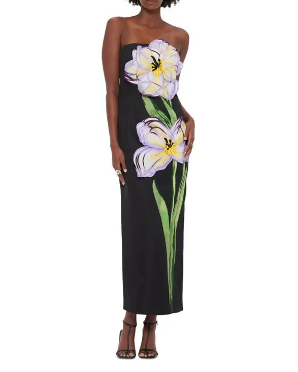 strapless column dress with floral applique – JARDINIZ