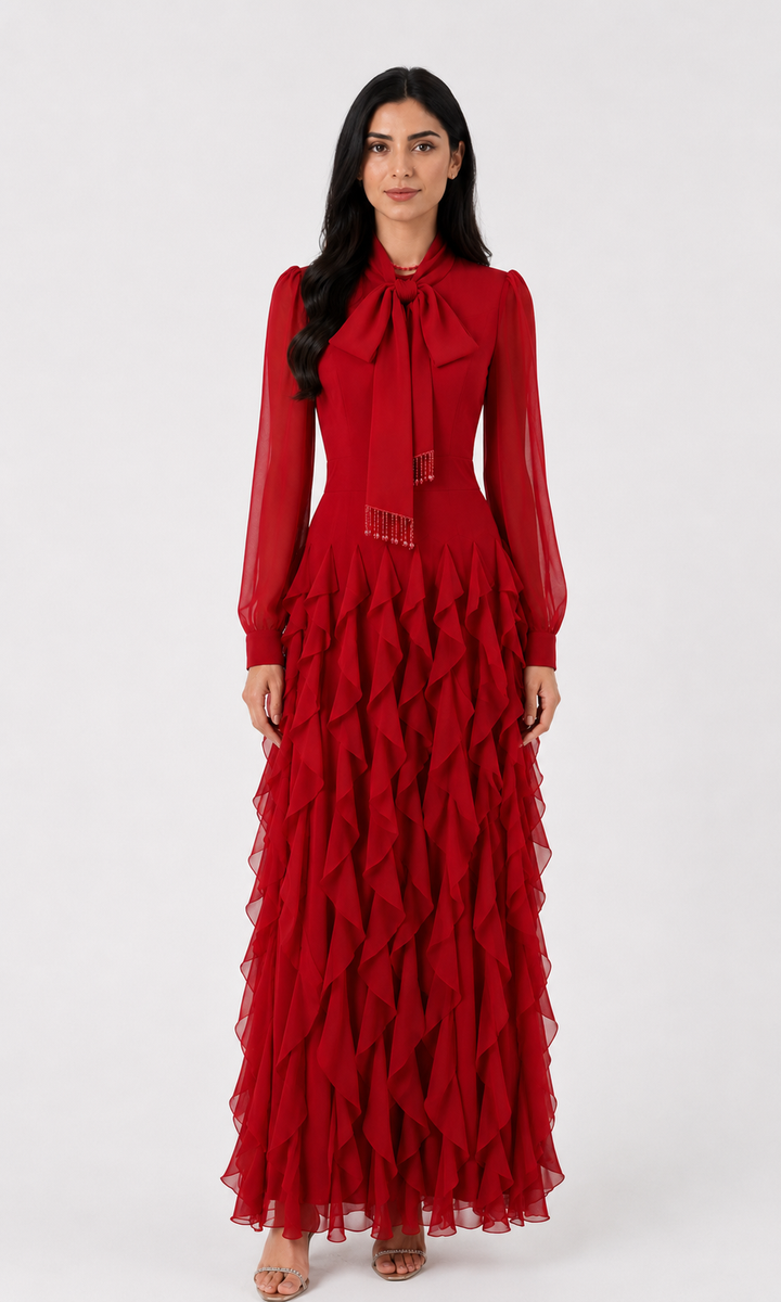 Scarlet Ruffle Bow Maxi Dress — Valentina