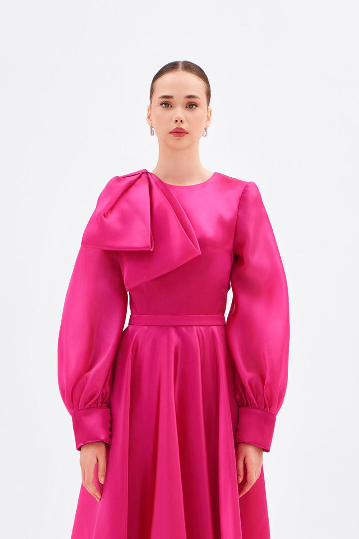 long-sleeve satin gown with sculpted shoulder bow – FUCHSIAE