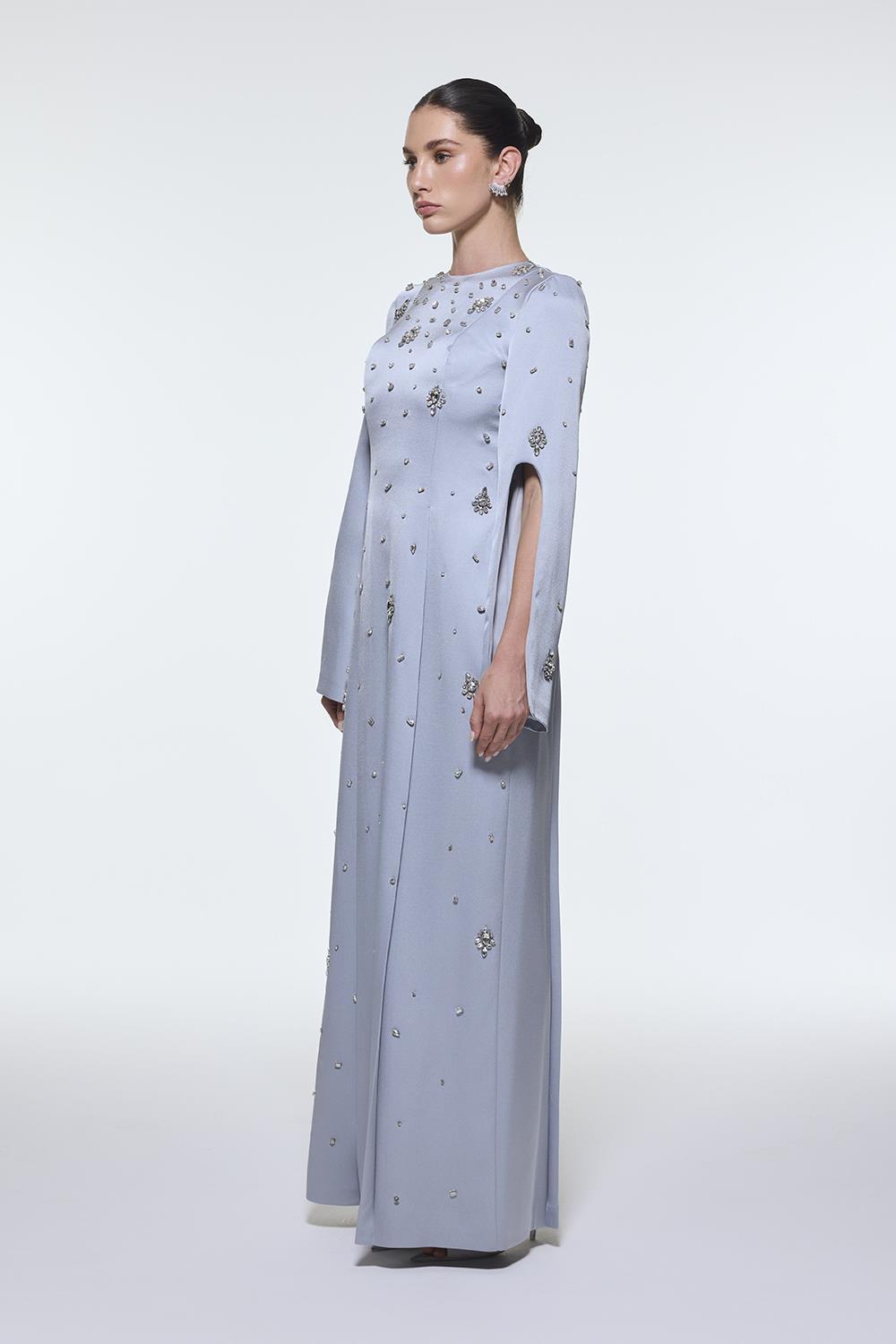 long-sleeve column gown with scattered crystal embellishments – NOIRÉ