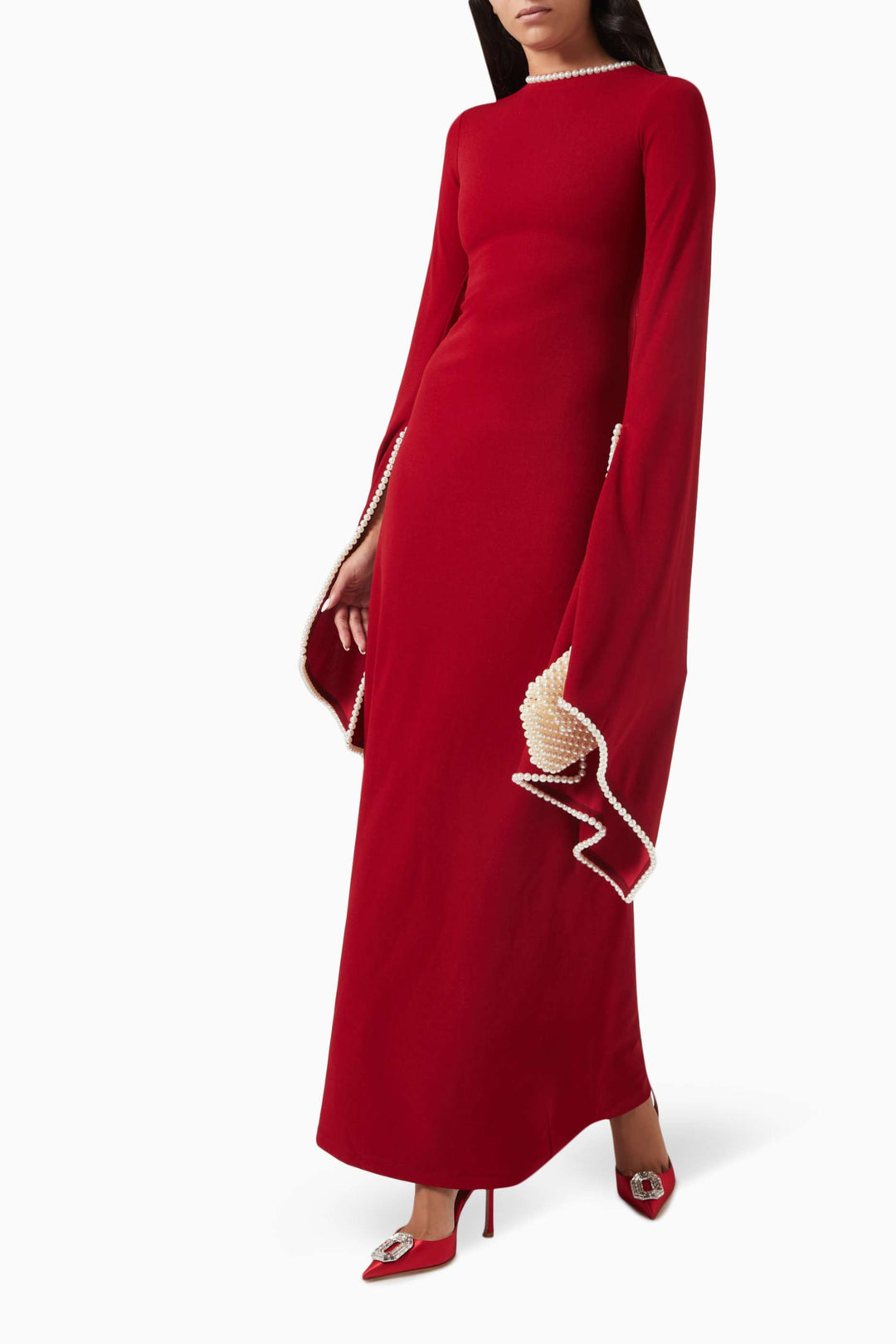 long-sleeve gown with pearl-trimmed flared cuffs – OPHELIA