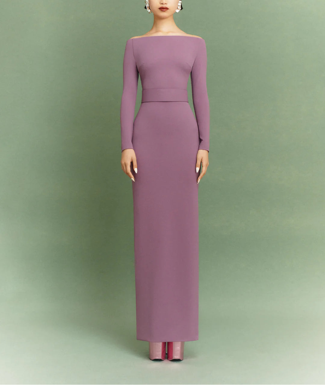 off-shoulder column gown with long sleeves – SABINA