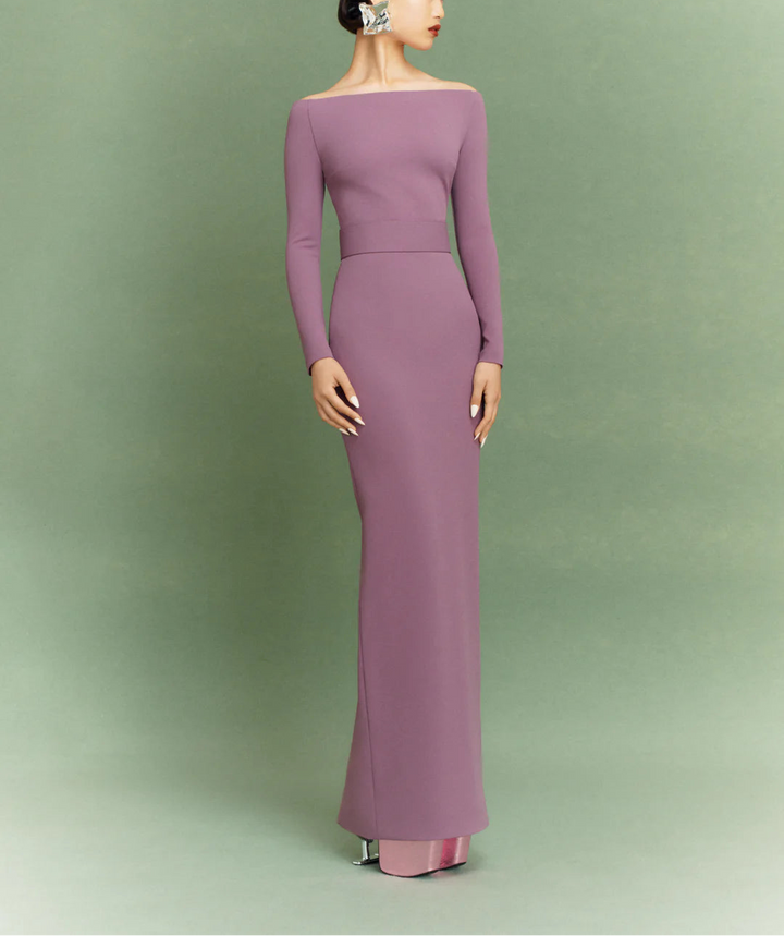 off-shoulder column gown with long sleeves – SABINA