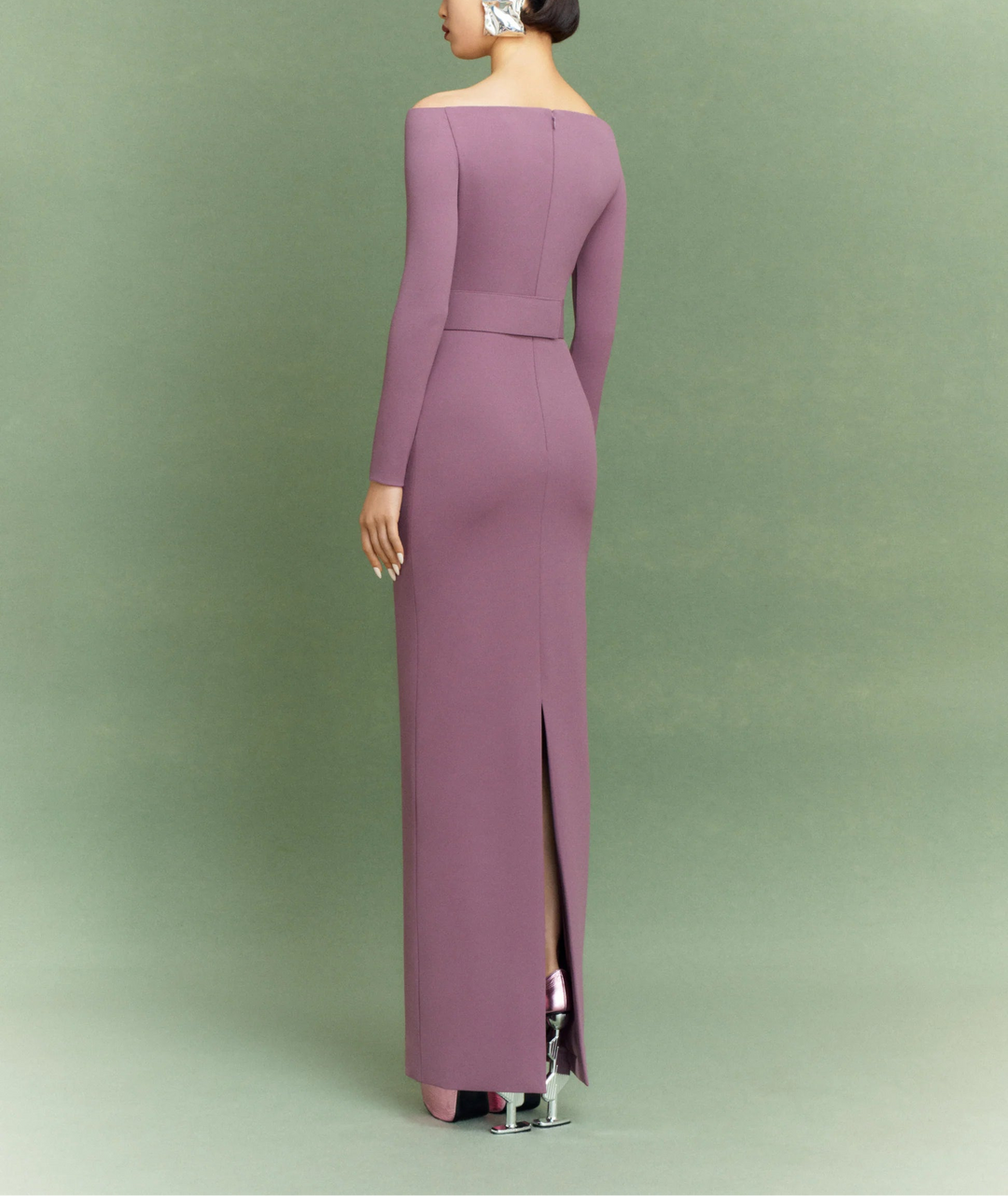 off-shoulder column gown with long sleeves – SABINA