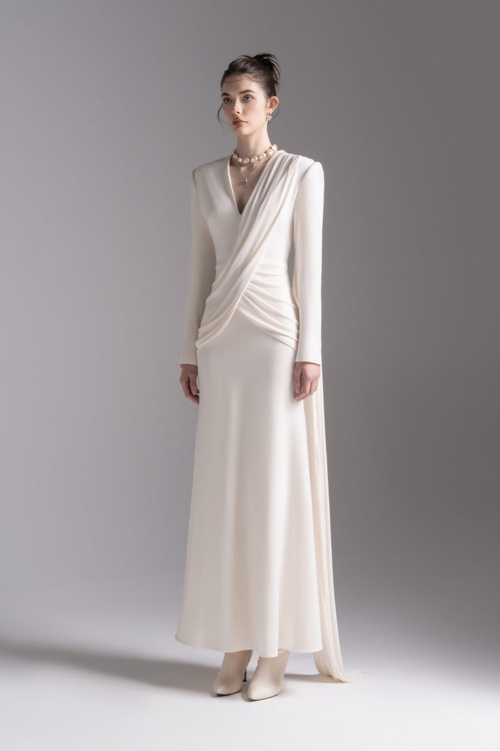 Draped V-neck long-sleeve gown – LAVENYA