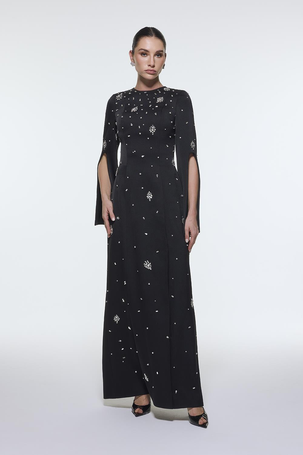 long-sleeve column gown with scattered crystal embellishments – NOIRÉ
