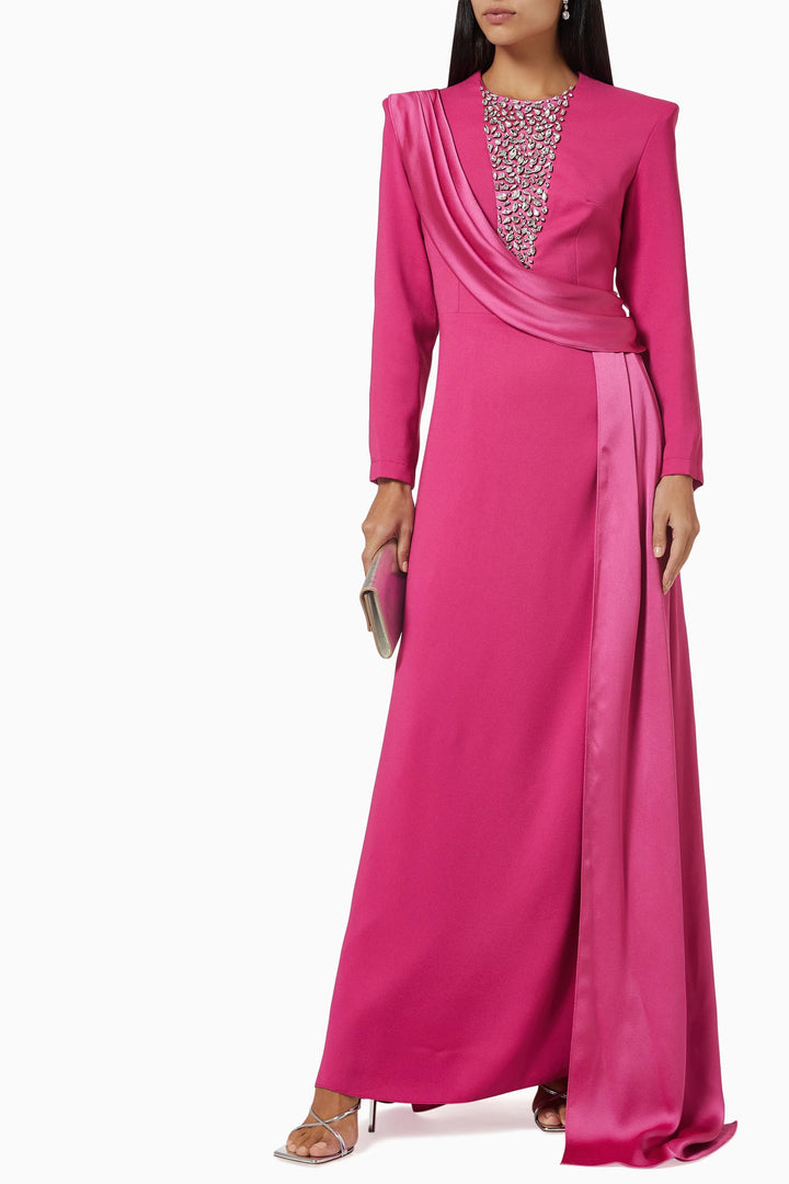 long-sleeve gown with embellished illusion neckline & draped sash – RHEA