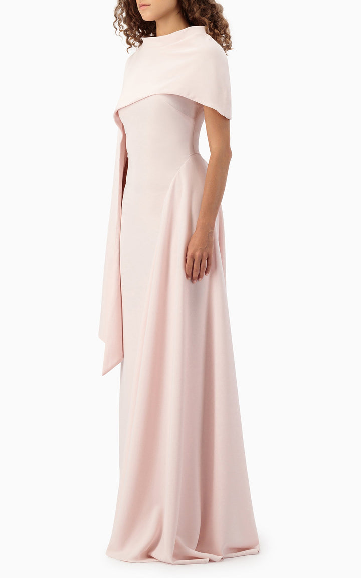 asymmetric draped gown with sculpted shoulder cape – NOIR