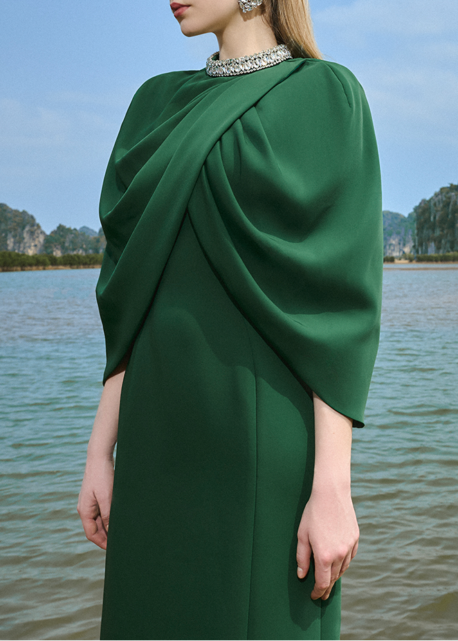 high-neck column gown with draped cape overlay – VERDEH