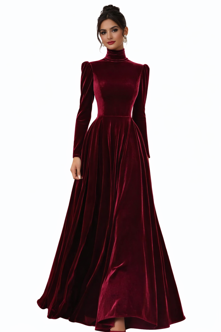 velvet high-neck maxi dress with fitted waist – MILYA