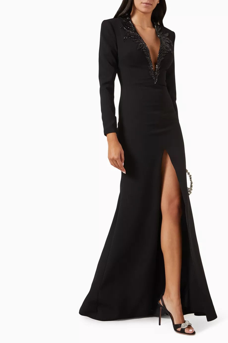embellished deep-V slit gown – NOIRE