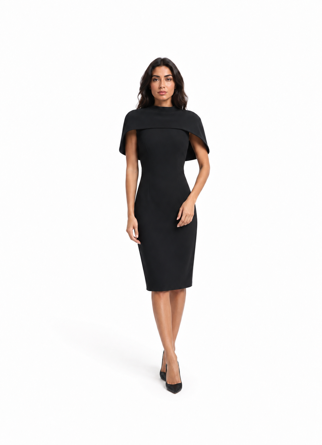 Black Cape-Shoulder Midi Dress – NOCTELLE