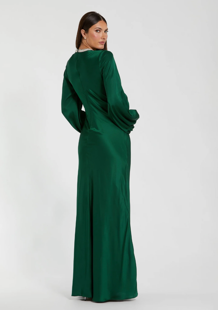 Crystal Neck Satin Gown - Emerald