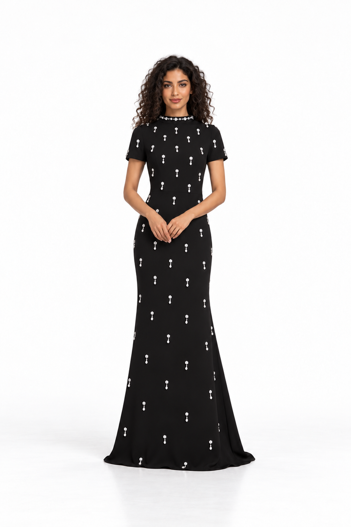 Black Crystal Embellished Short Sleeve Maxi Dress - Stella