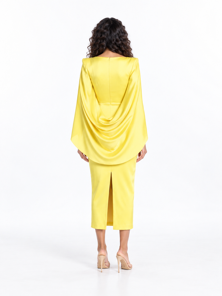 Square-Neck Cape Sleeve Midi Dress - Solenya