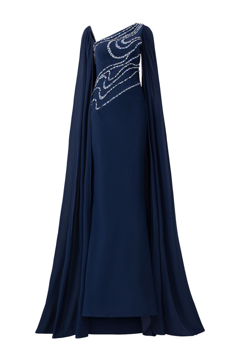 one-shoulder embellished gown with sheer cape – MIDNIGHTE