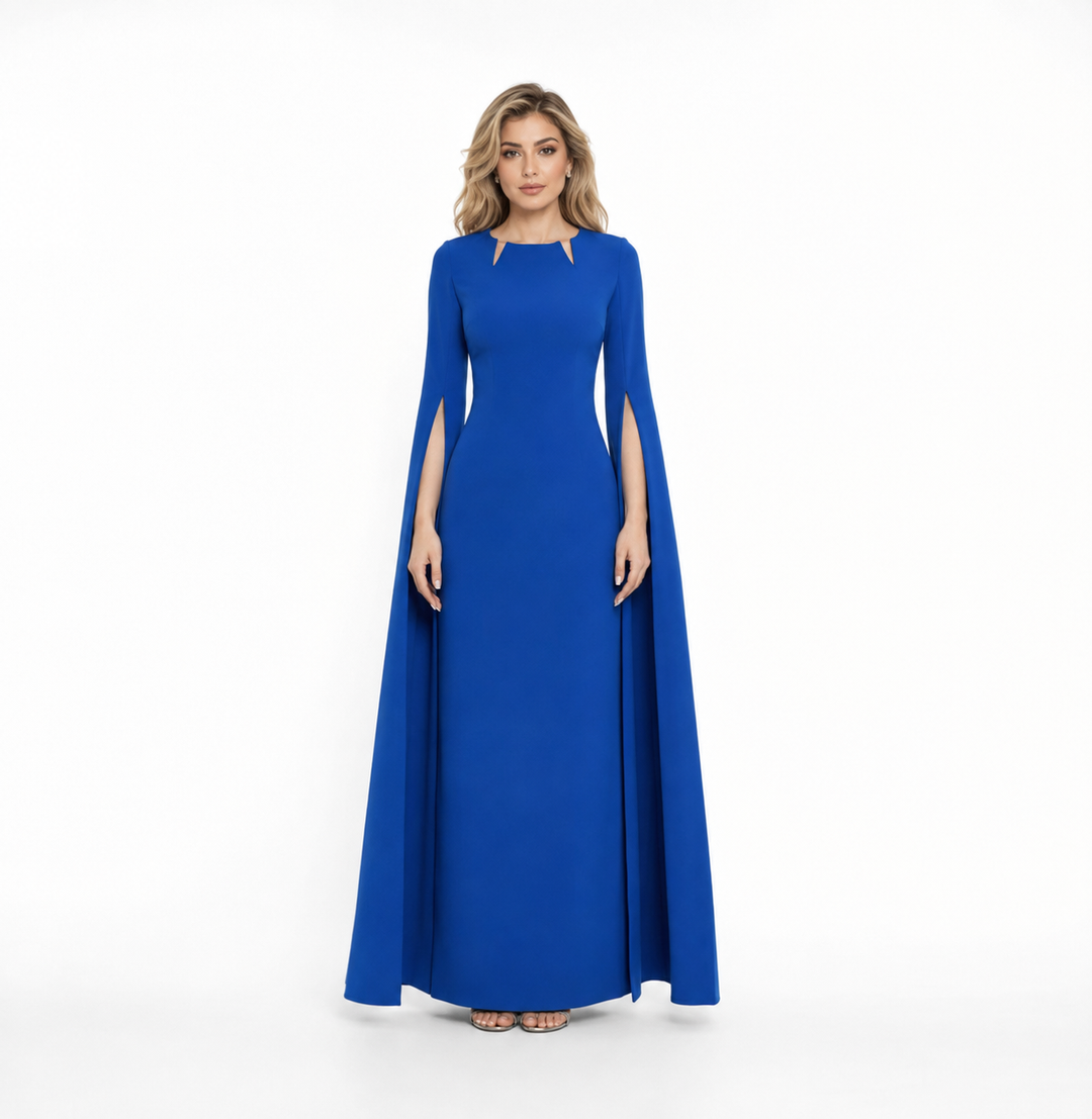 Royal Blue Cape Sleeve Evening Gown – MAJESTY