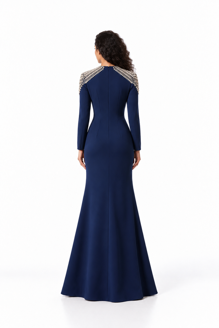 Crystal Fringe Shoulder Long Sleeve Evening Gown - Celestine