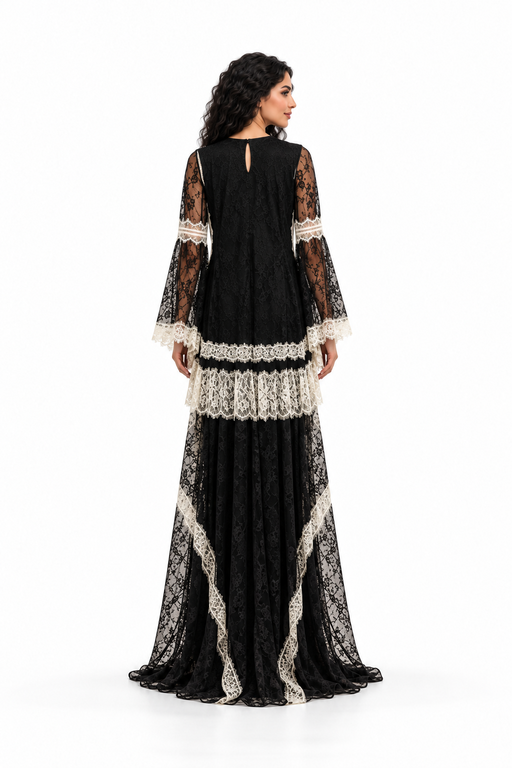 Contrast Lace Bell Sleeve Evening Gown - Chantelle