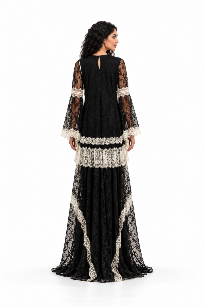 Contrast Lace Bell Sleeve Evening Gown - Chantelle