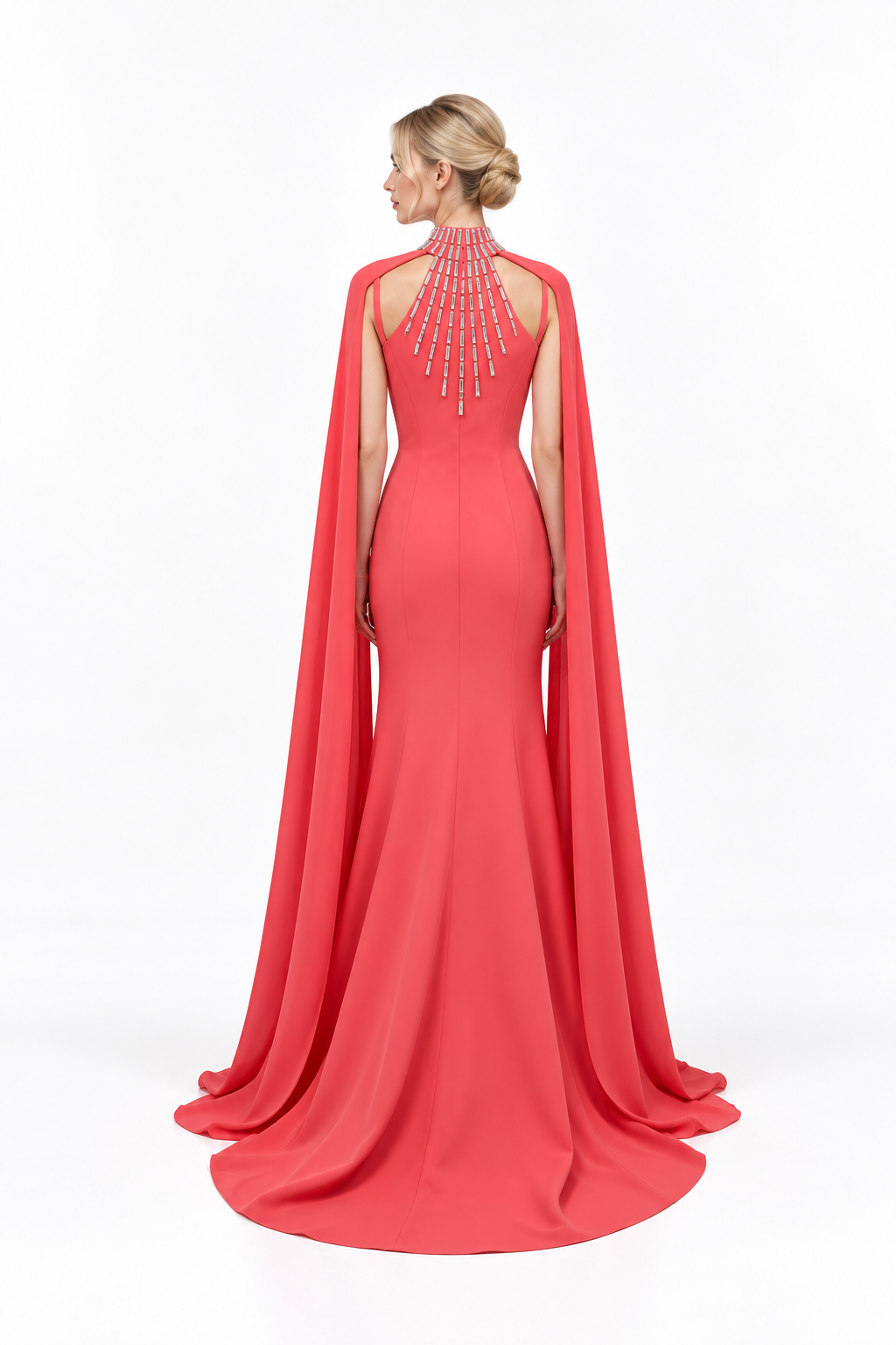 Crystal High-Neck Cape Evening Gown - Solara