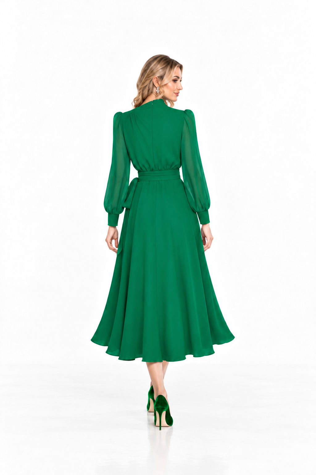 High-Neck Belted Midi Dress - Emeraldine