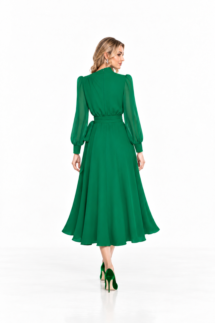 High-Neck Belted Midi Dress - Emeraldine
