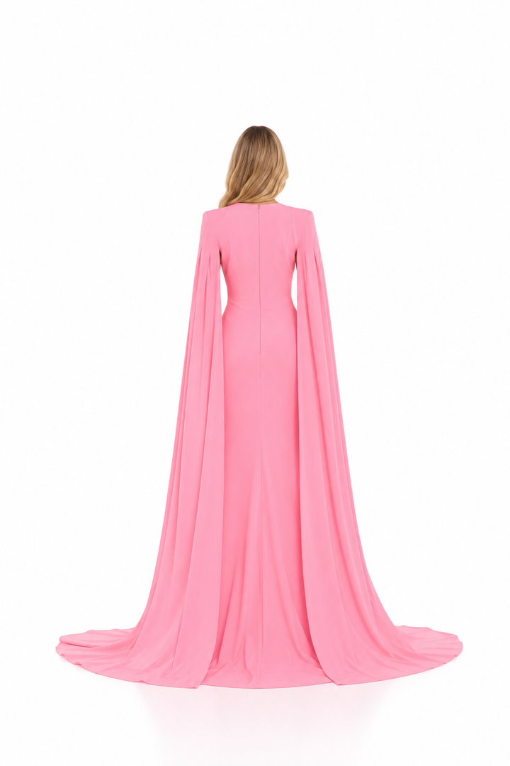 Pink Deep V-Neck Cape Evening Gown – ROSELINE
