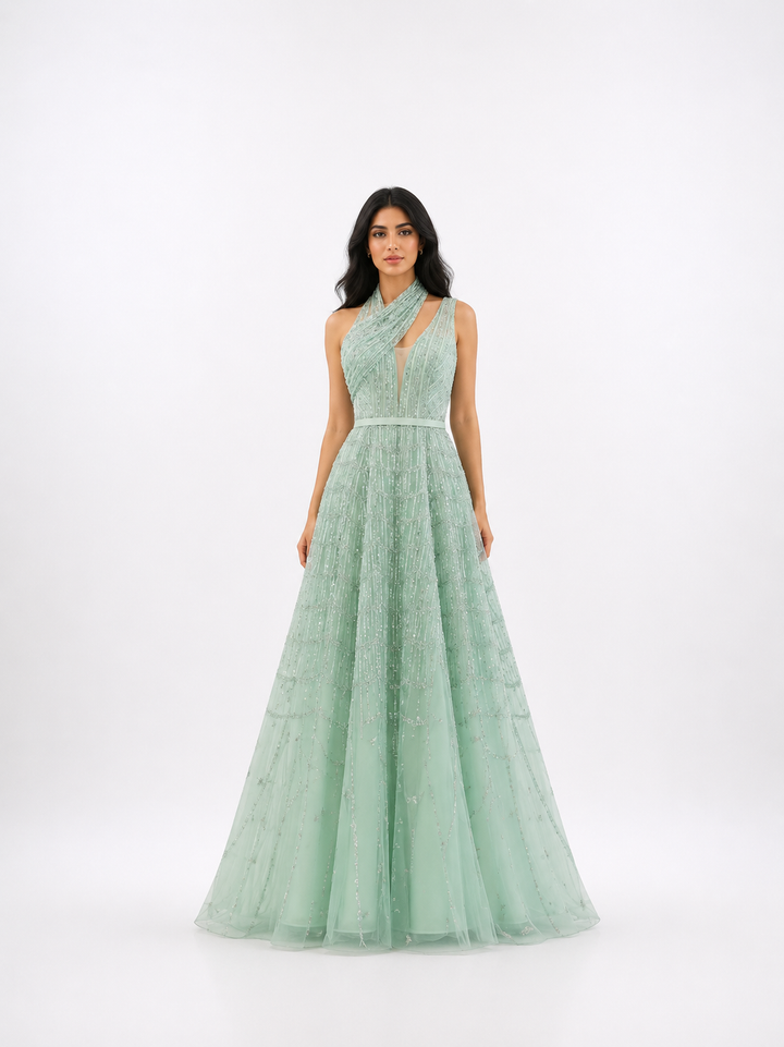 Embellished Halter Tulle Gown – ROSÉ