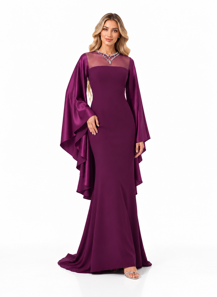 Sheer Neckline Draped Sleeve Evening Gown - Opulence