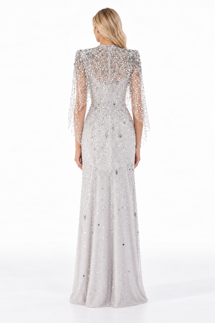 Embellished Cape Sleeve Fishtail Maxi Dress – Aurevine