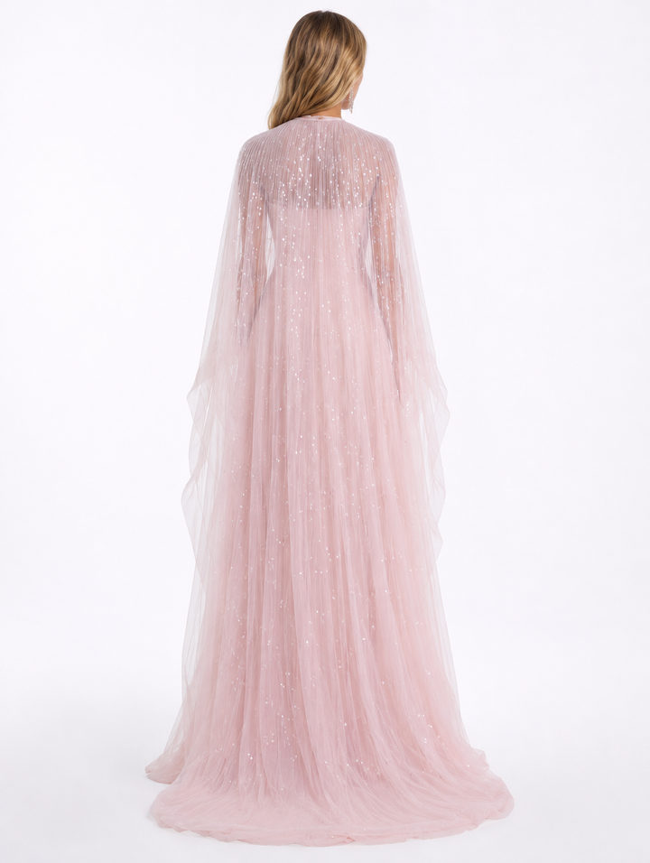 Ruched Cape Sequin Gown - Blush