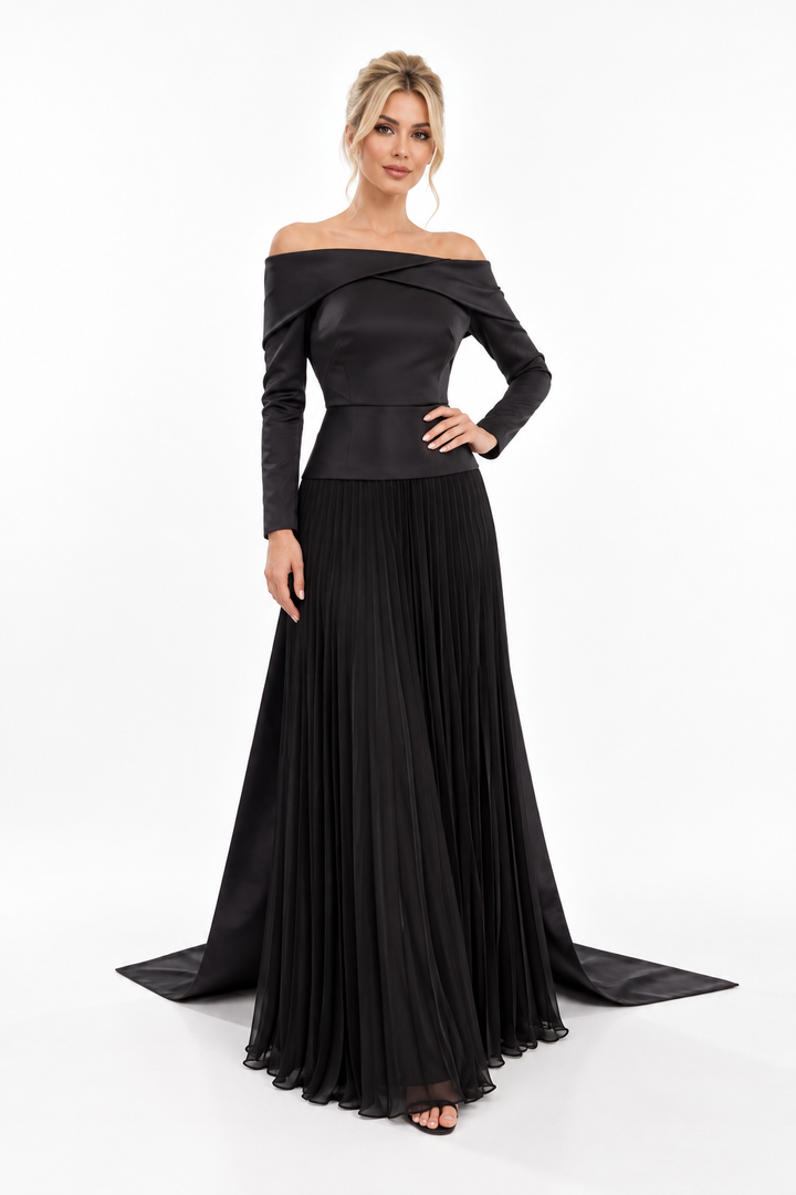 Off-Shoulder Pleated Evening Gown - Noiravelle
