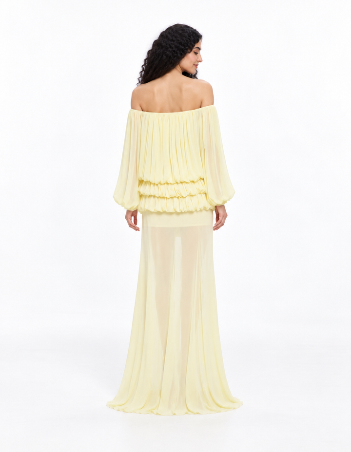 Off-Shoulder Pleated Chiffon Evening Gown - Lunessa