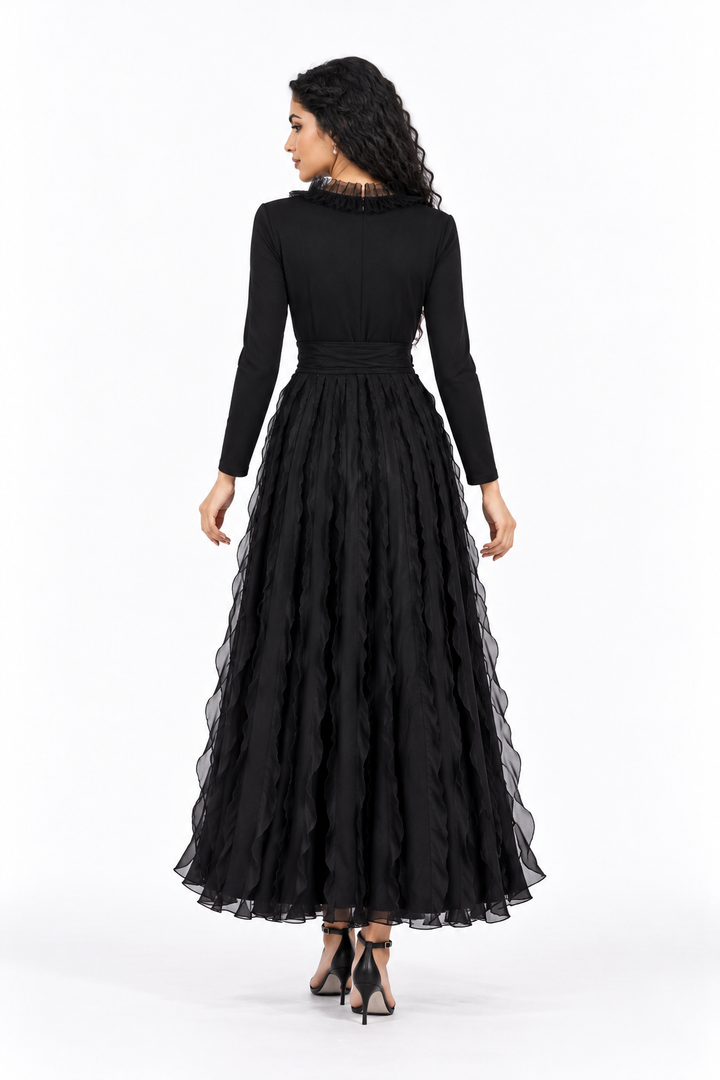 Feather Neckline Layered Midi Dress - Noiresta