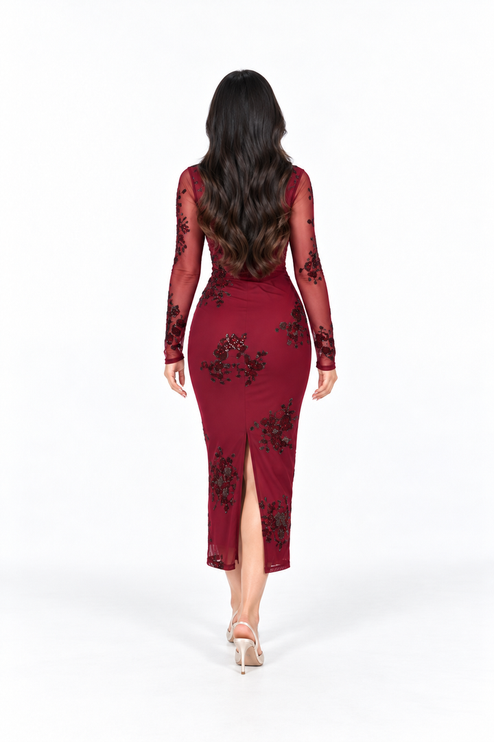Embroidered Mesh Midi - Garnet