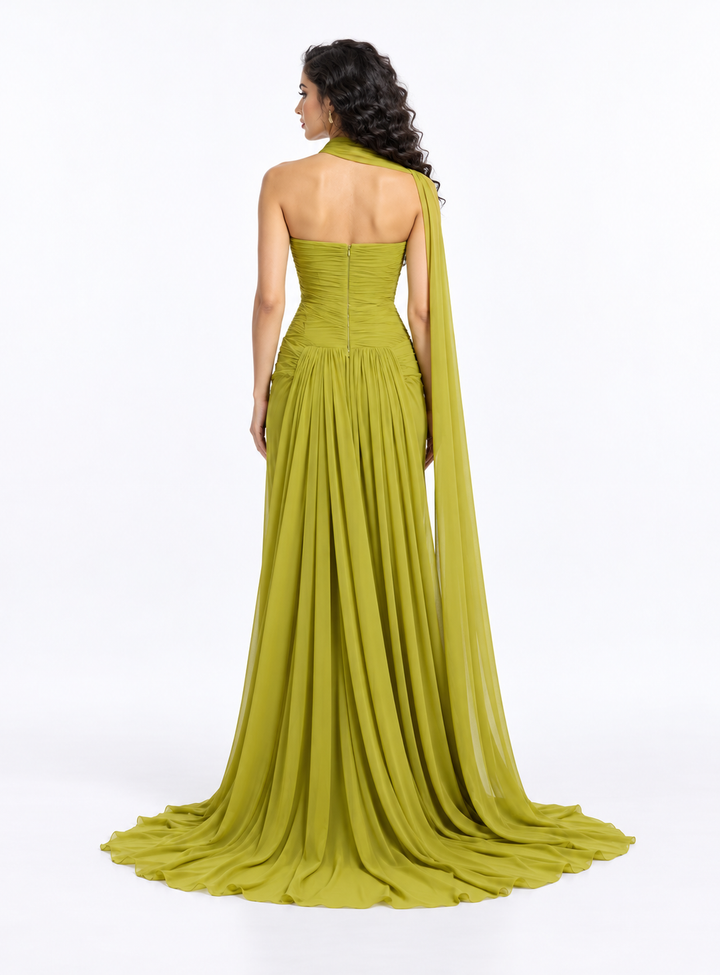 One-Shoulder Draped Cape Evening Gown - Verdant