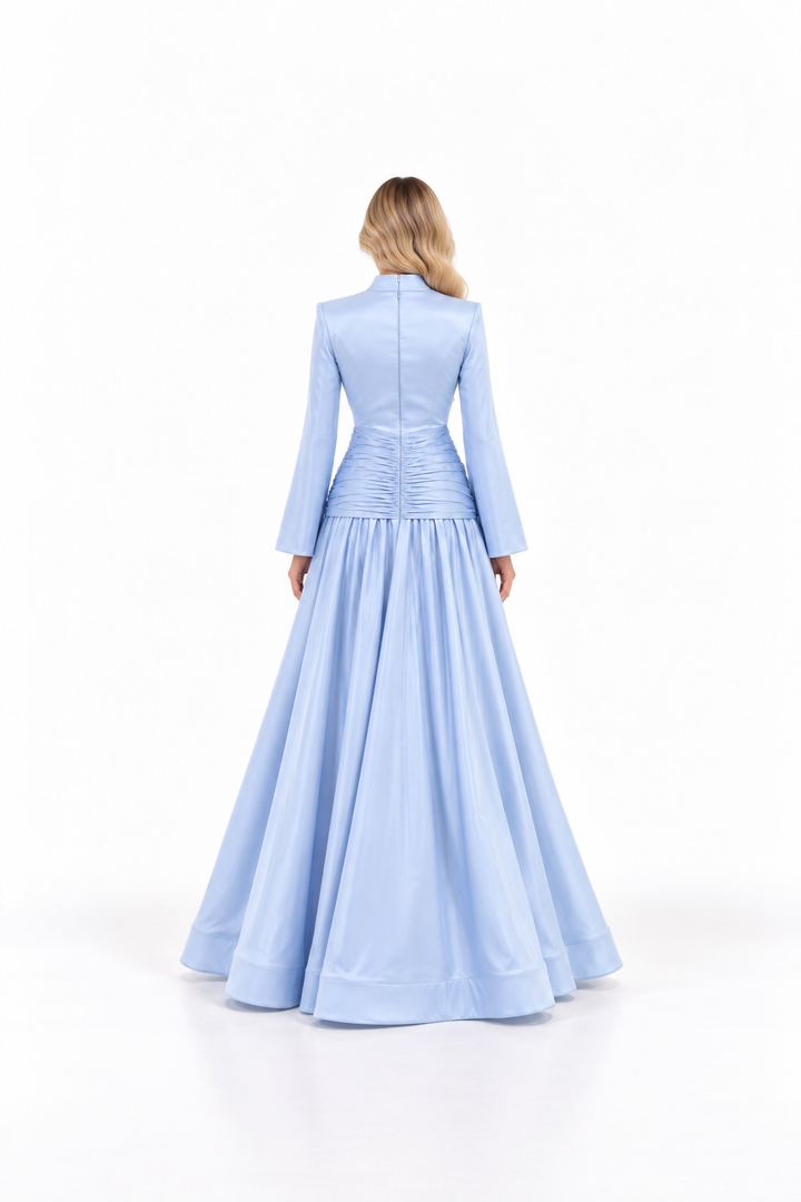 High-Neck Draped Bow Gown with Embellished Bodice - Celmira