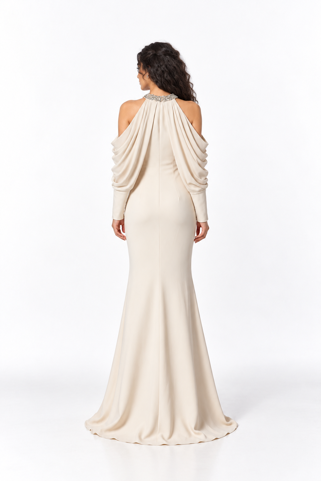 Crystal Halter Draped Sleeve Evening Gown - Elowen