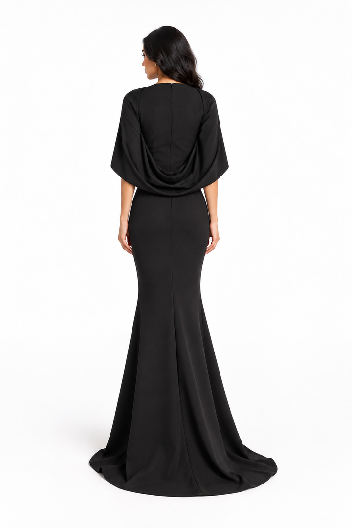 Black Cape Sleeve Draped Maxi Dress - Alessandra