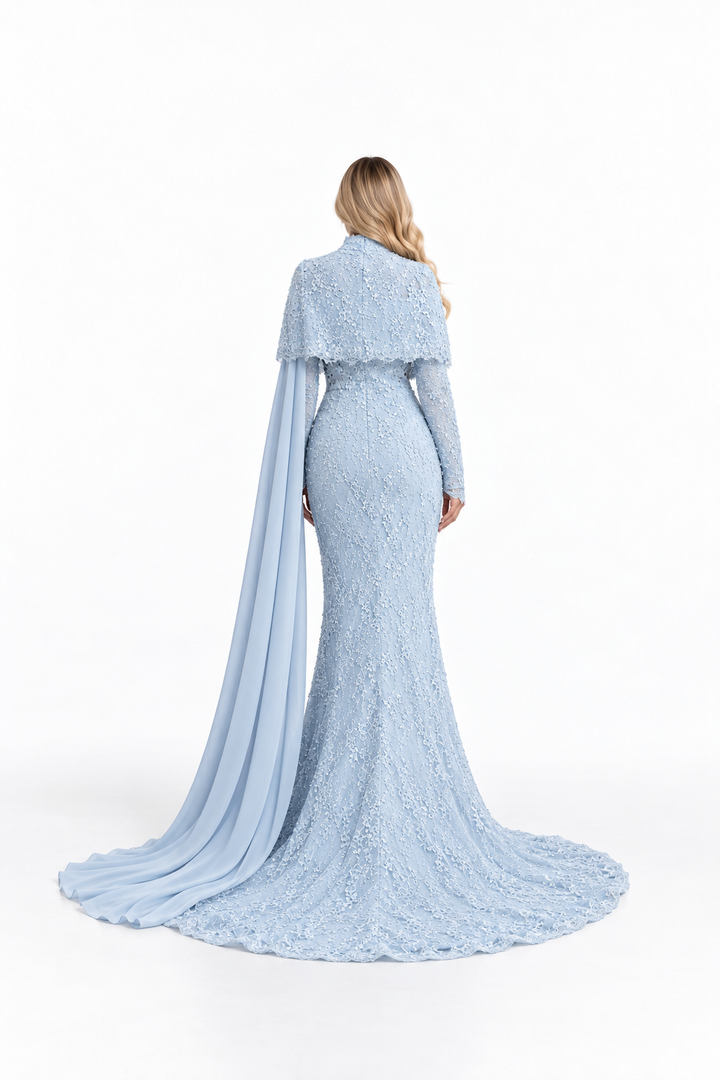 Embellished Cape Gown with Draped Train - Velmora