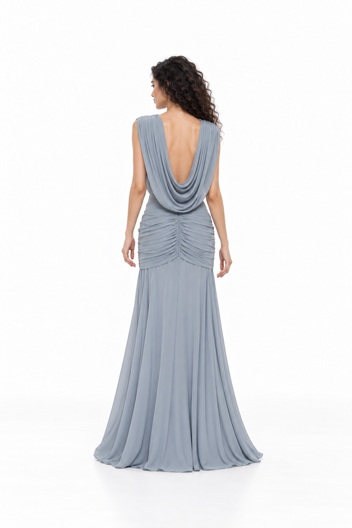 Ruched V-Neck Draped Evening Gown - Avelisse