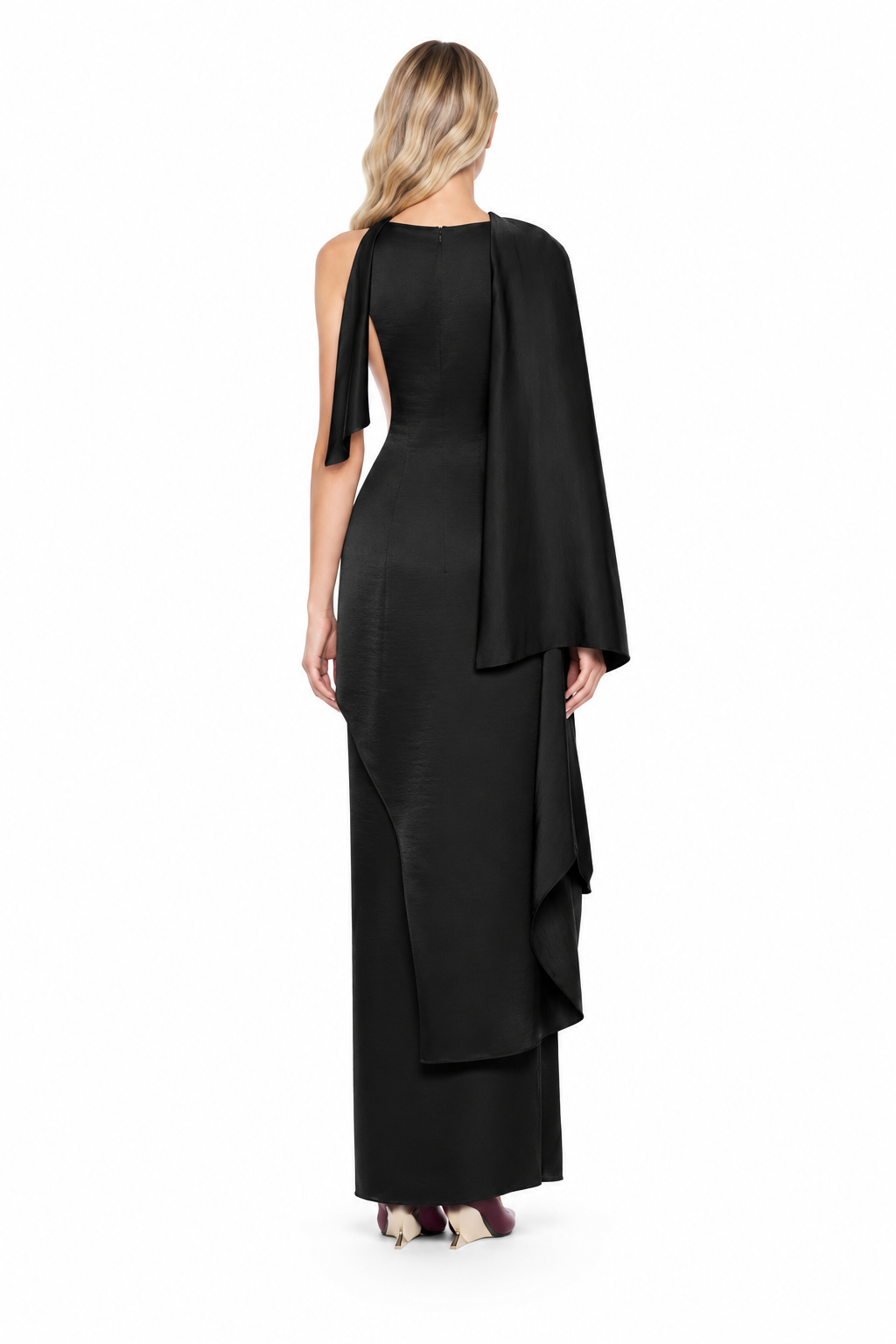 Asymmetric Draped One-Sleeve Evening Gown - Obsidienne