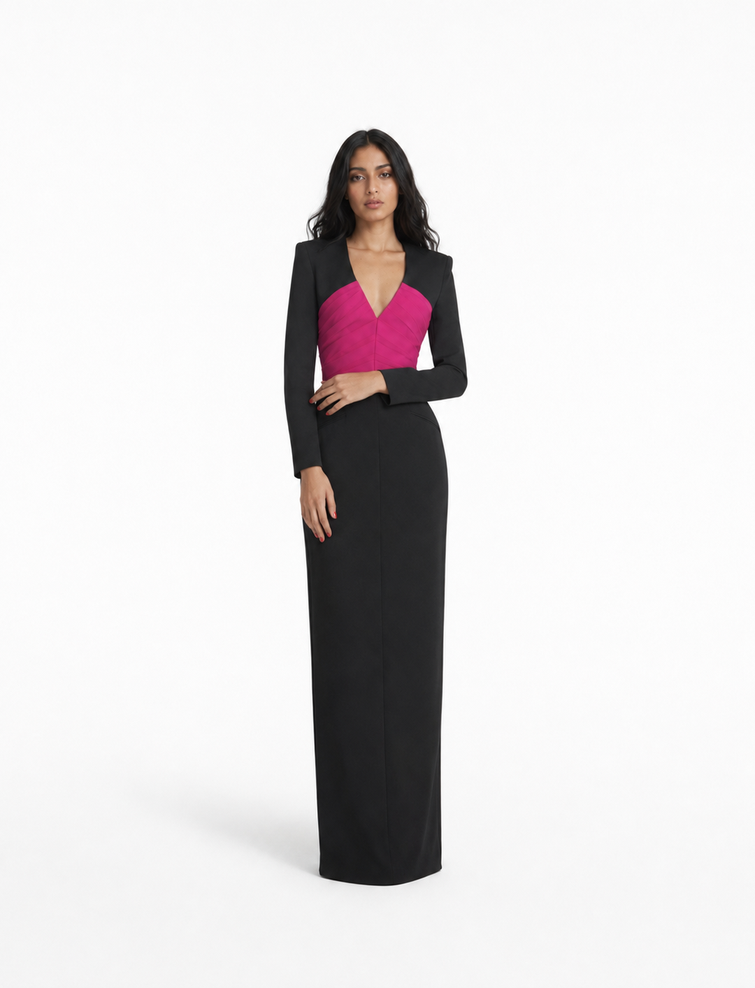 Black & Fuchsia Color-Block Long Sleeve Gown – VELORA